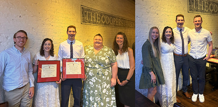 Two pictures: left shows two graduates, two faculty and the Physics admin; Right shows all Residents